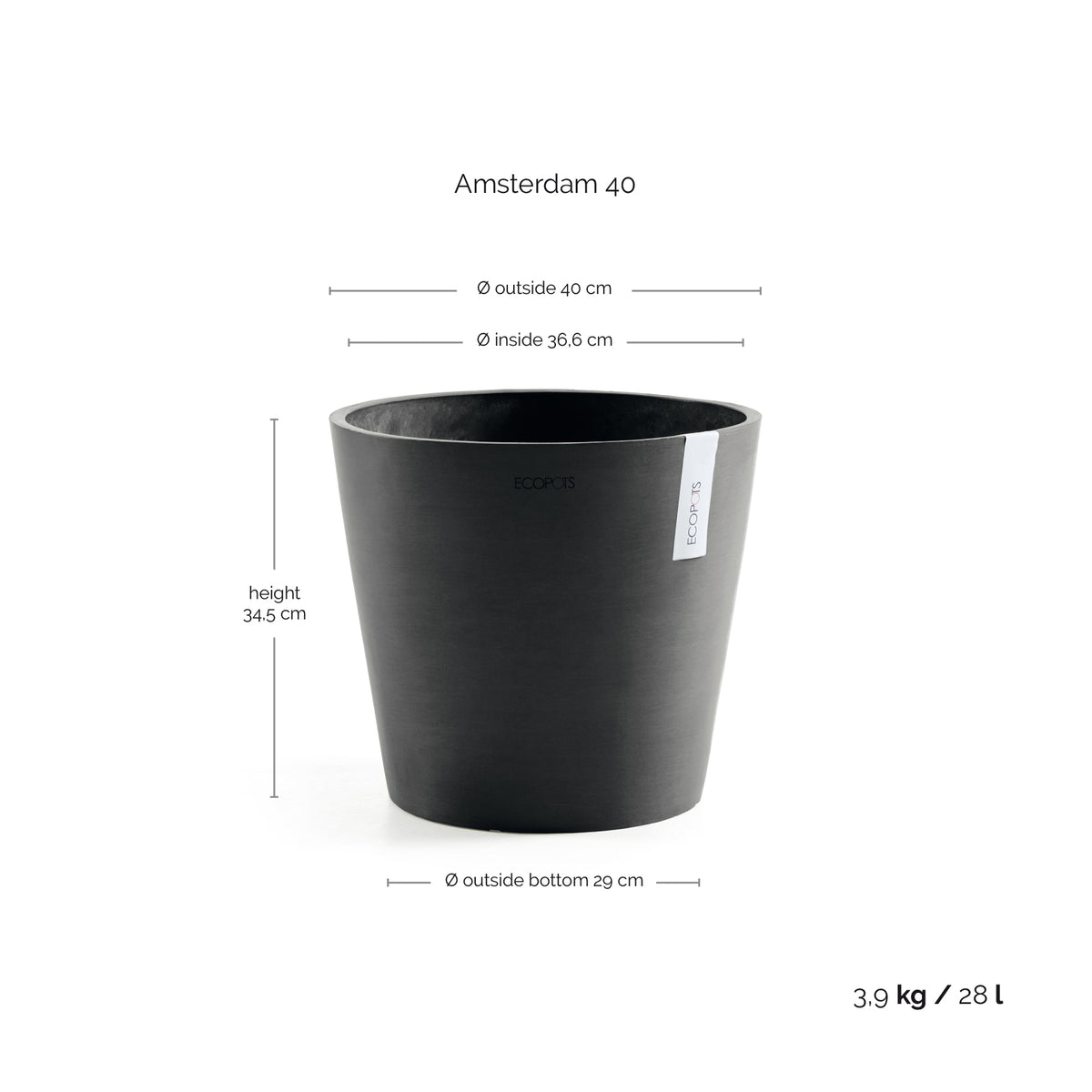 Kukkaruukku Amsterdam 40cm tummanharmaa – mittapiirros