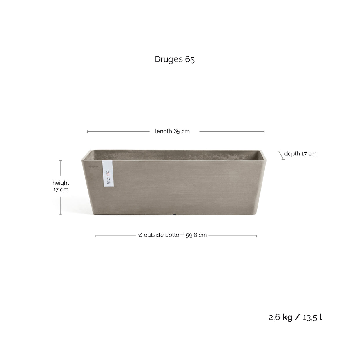 Kukkaruukku Bruge 65cm taupe – mittapiirros