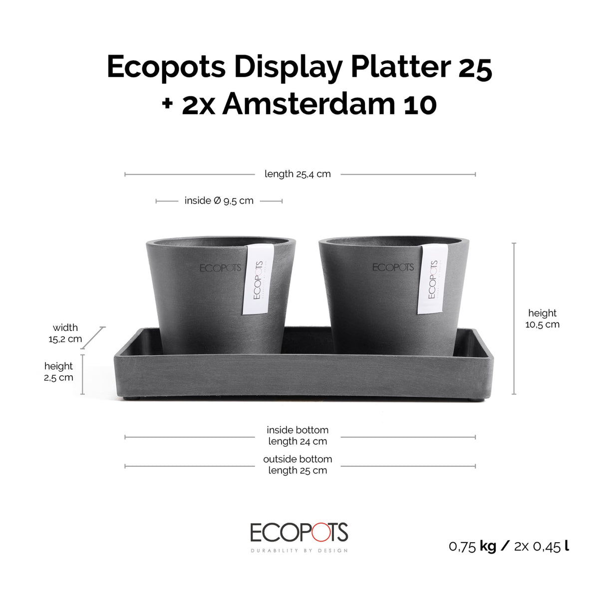 Kukkaruukku Amsterdam 10,5cm 2kpl & esillepanotarjotin 25cm harmaa – mittapiirros