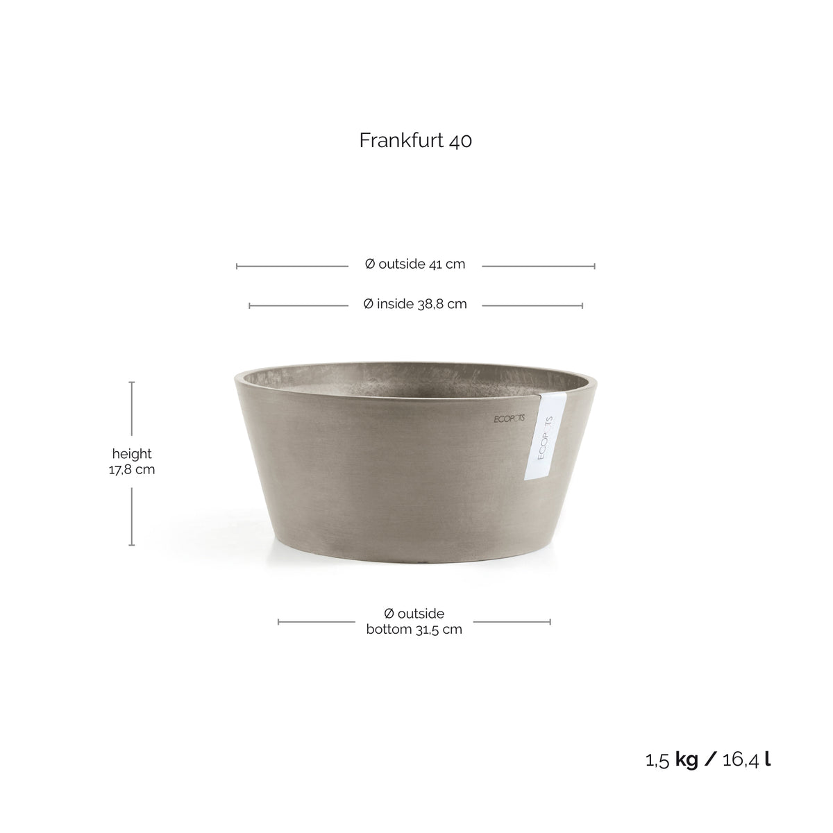Kukkaruukku Frankfurt 40cm taupe – mittapiirros