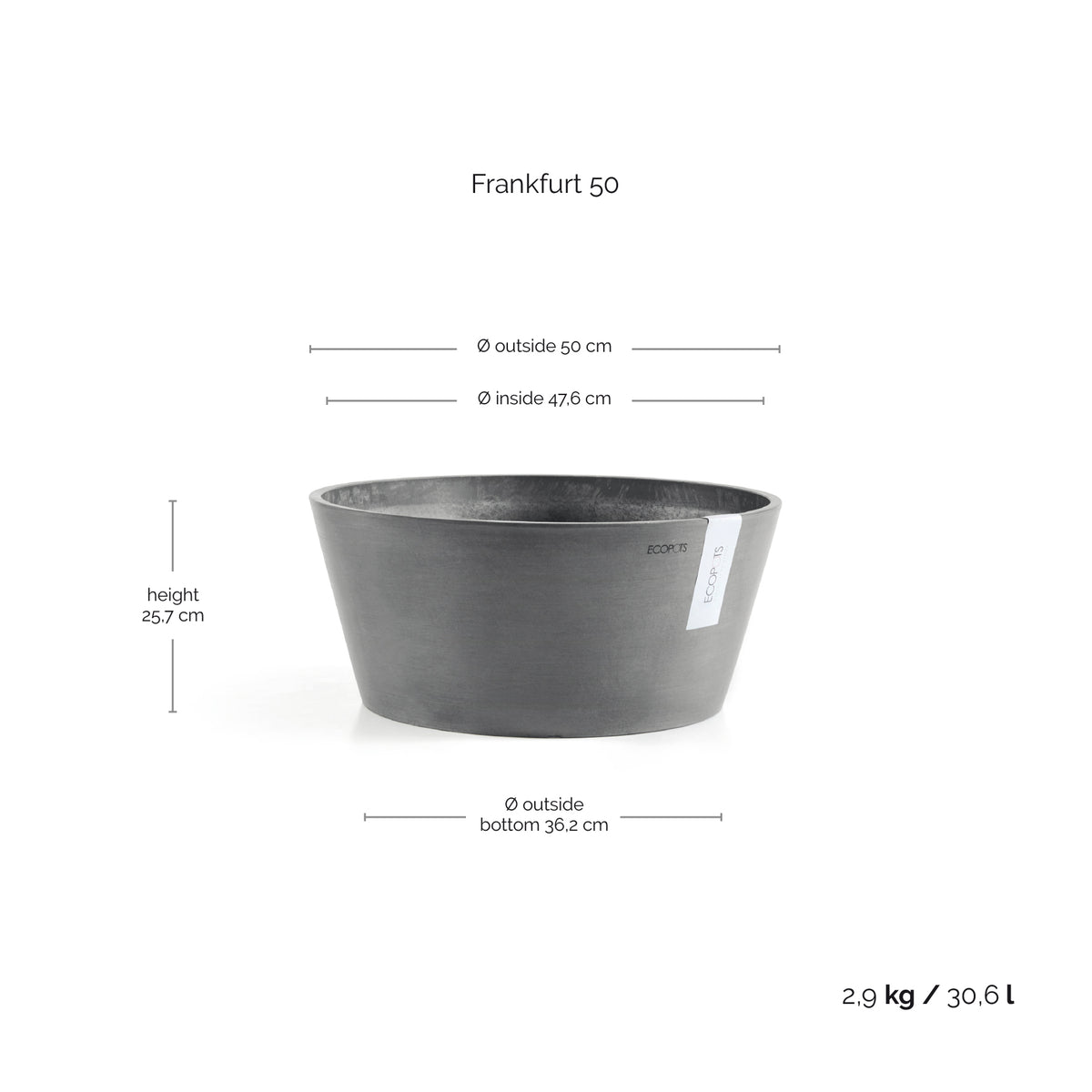 Kukkaruukku Frankfurt 50cm harmaa – mittapiirros