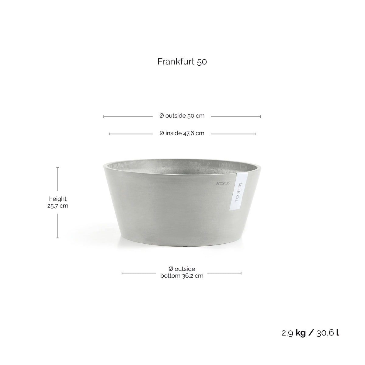 Kukkaruukku Frankfurt 50cm valkoharmaa – mittapiirros