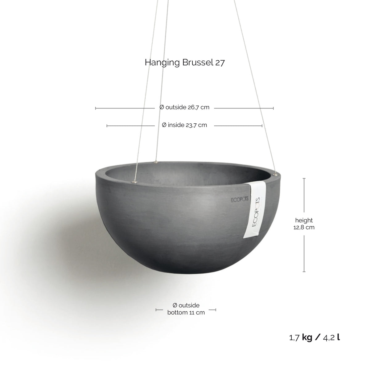 Kukkaruukku Brysseli ripustettava 27cm harmaa – mittapiirros