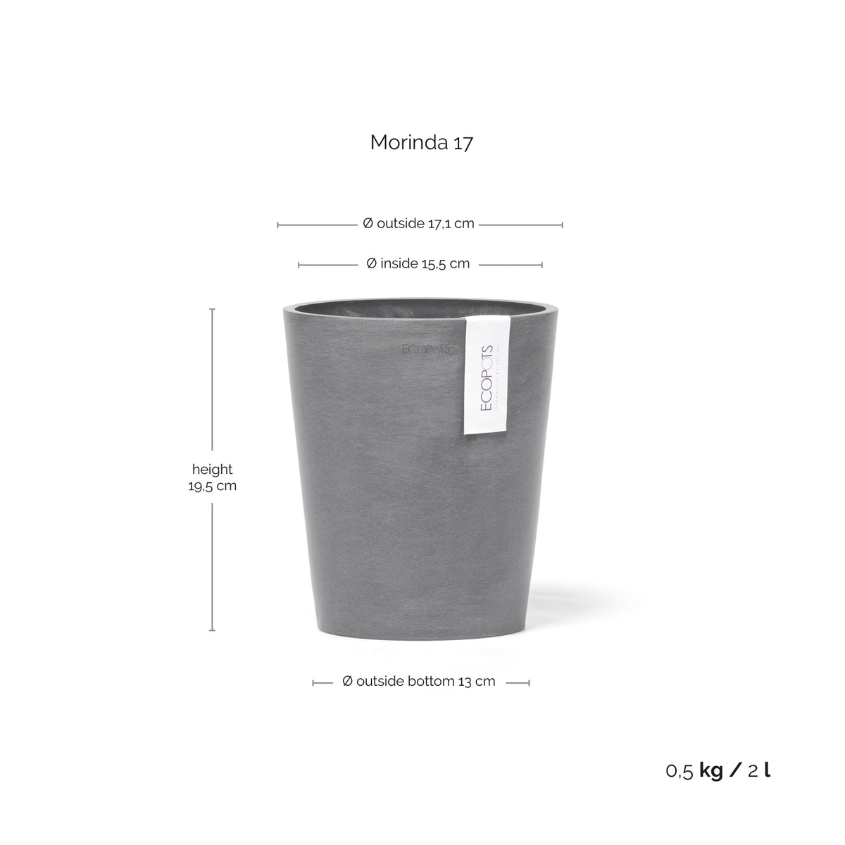 Kukkaruukku Morinda 17cm harmaa – mittapiirros
