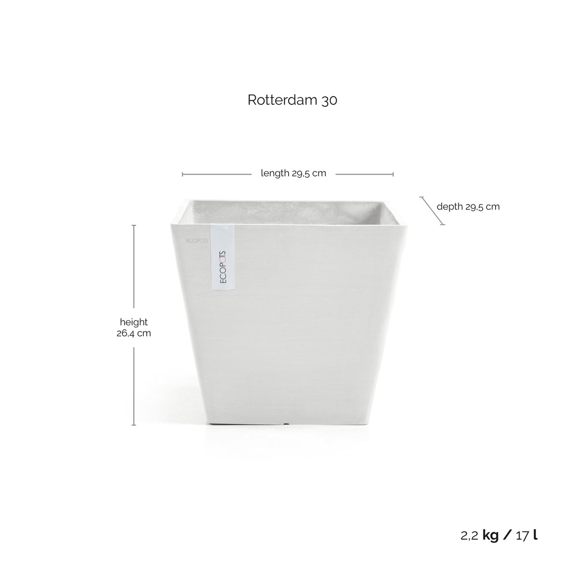 Kukkaruukku Rotterdam 30cm valkoinen – mittapiirros
