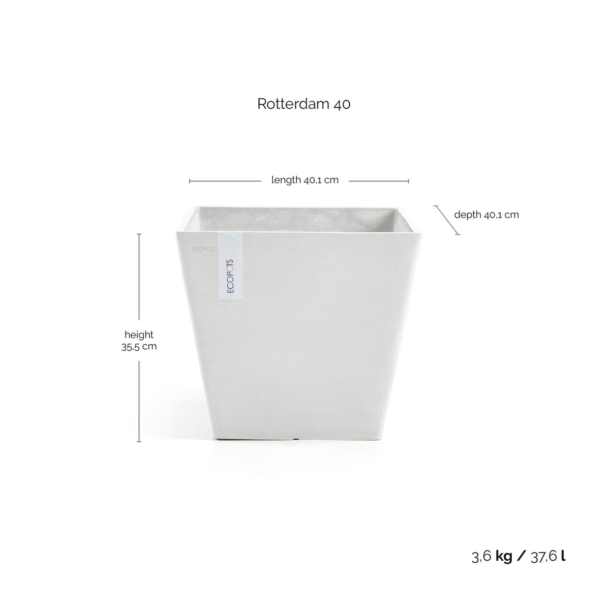 Kukkaruukku Rotterdam 40cm valkoinen – mittapiirros