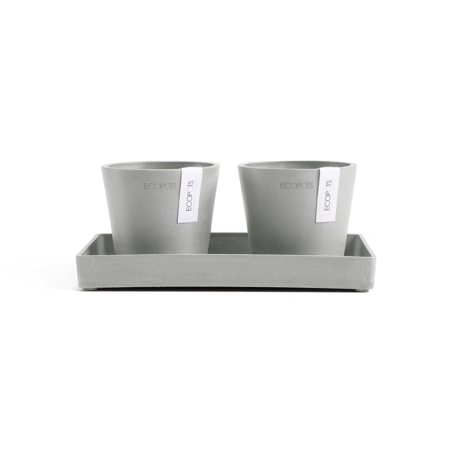 Kukkaruukku - Ecopots - Kukkaruukku Amsterdam 10,5cm 2kpl & esillepanotarjotin 25cm valkoharmaa - Ecopots - Uuden aikakauden kukkaruukku kierrätysmateriaalista