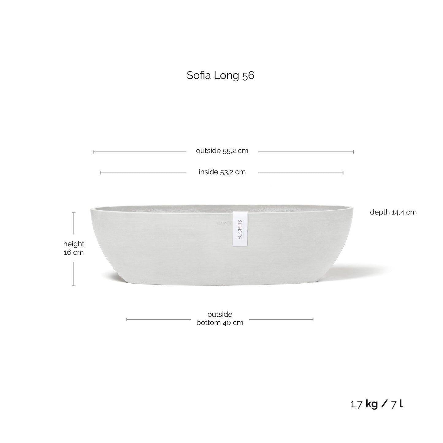 Kukkaruukku - Ecopots - Kukkaruukku Sofia pitkä 56cm valkoinen - Ecopots - Uuden aikakauden kukkaruukku kierrätysmateriaalista