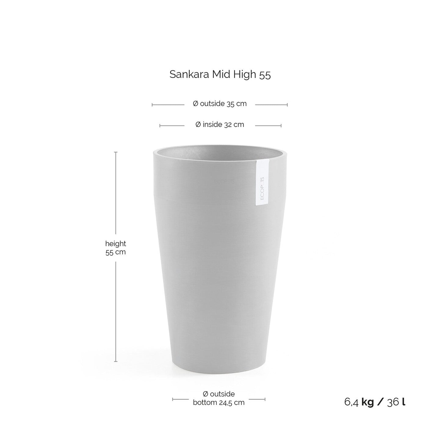 Kukkaruukku - Ecopots - Sankara keskikorkea 55cm valkoharmaa - Ecopotskauppa - Uuden aikakauden kukkaruukku