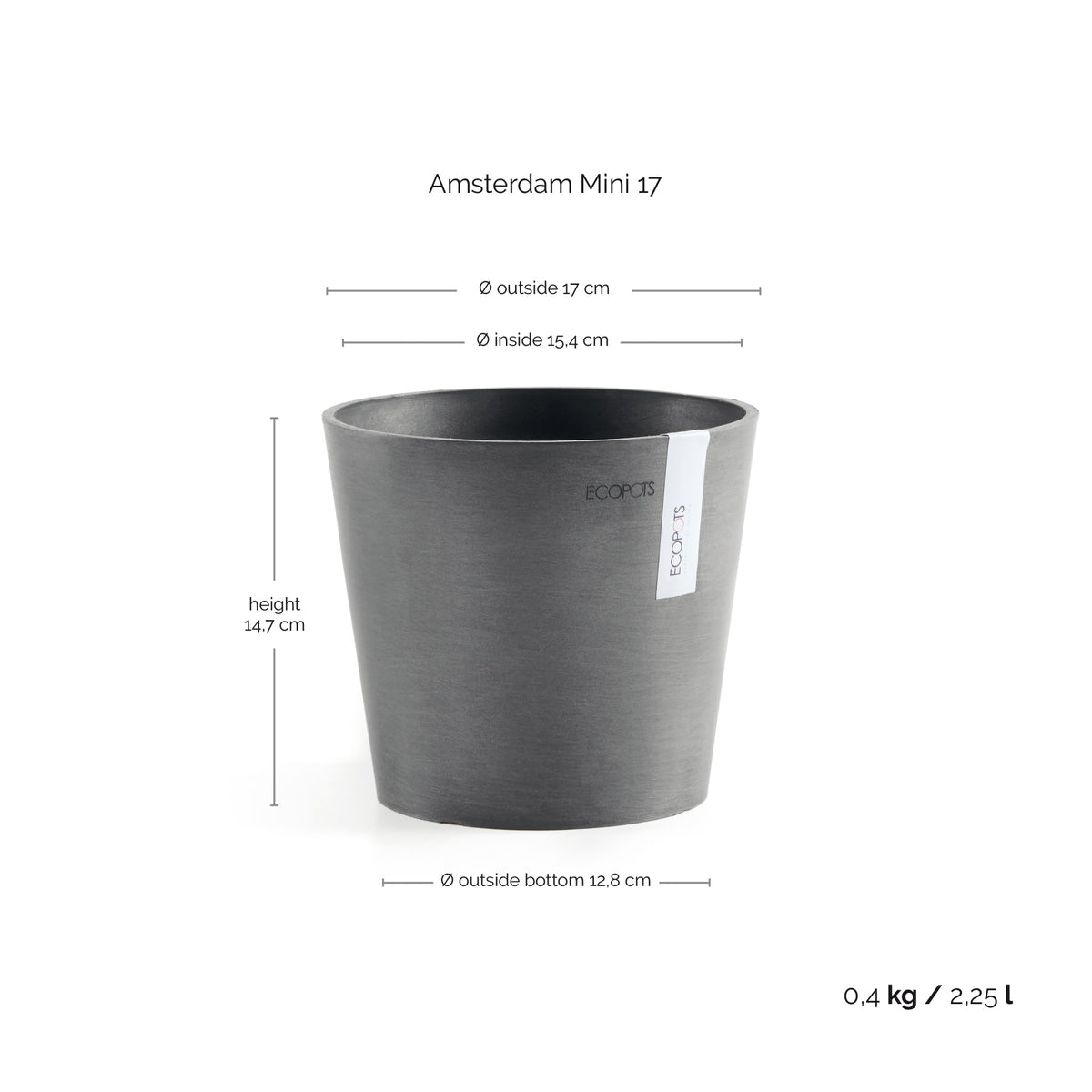 Kukkaruukku Amsterdam 17cm harmaa – mittapiirros