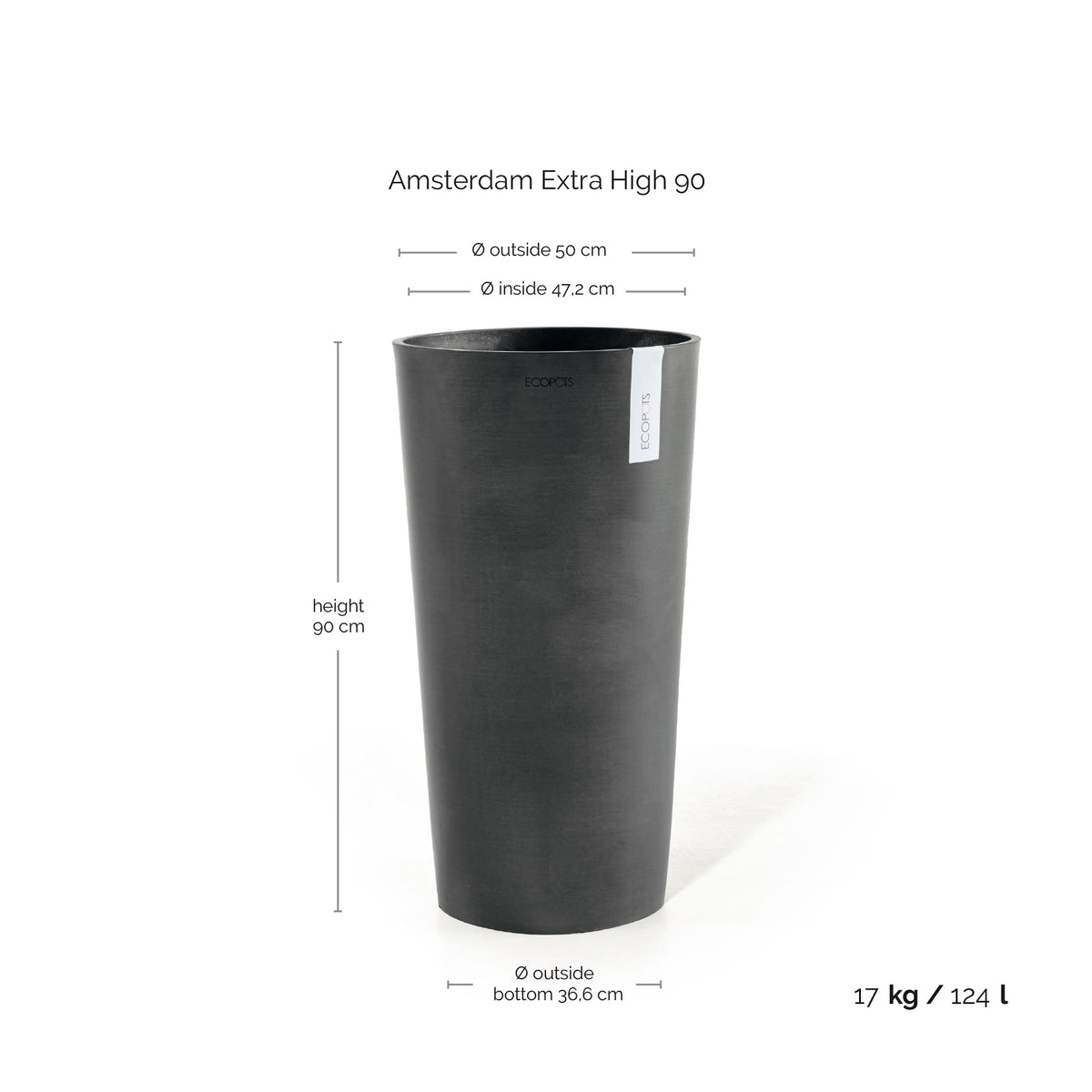Kukkaruukku Amsterdam korkea 90cm tummanharmaa – mittapiirros