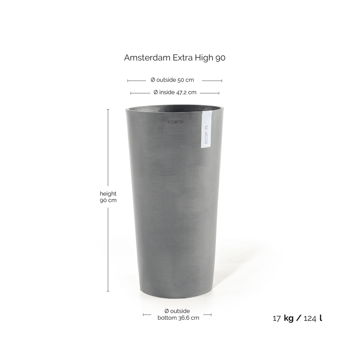 Kukkaruukku Amsterdam korkea 90cm harmaa – mittapiirros