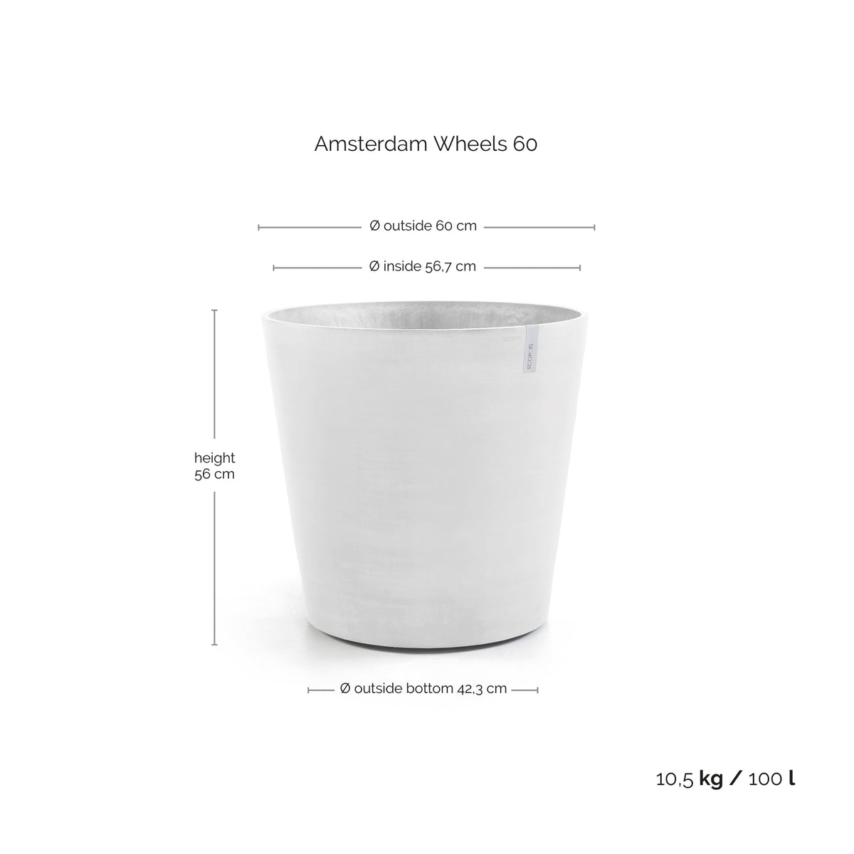 Kukkaruukku Amsterdam pyörillä 60cm valkoinen – mittapiirros