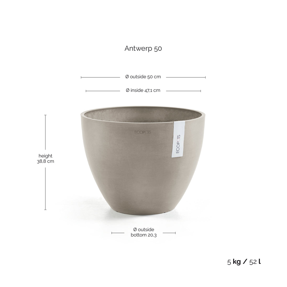 Kukkaruukku Antwerpen 50cm taupe – mittapiirros