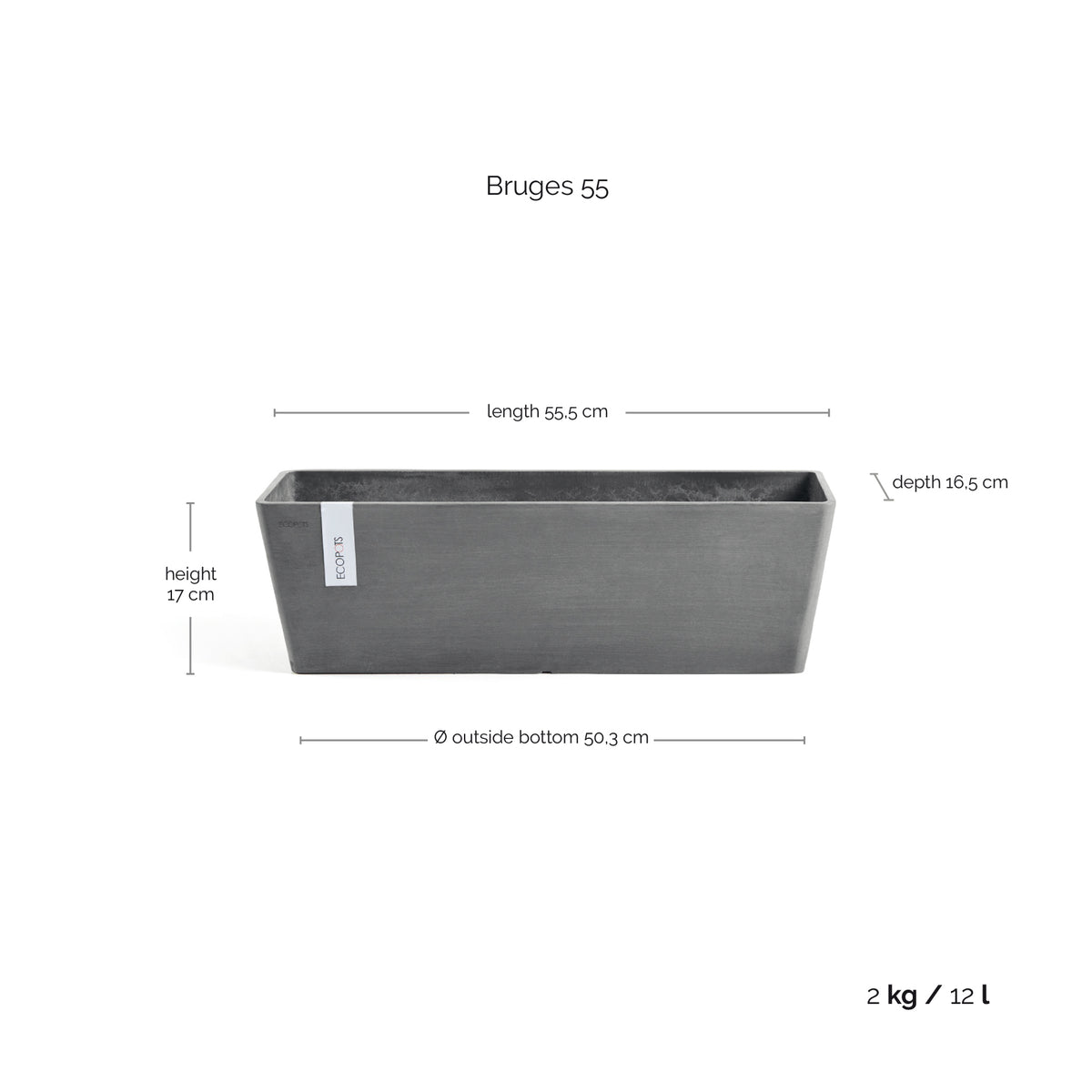 Kukkaruukku Bruge 55cm harmaa – mittapiirros