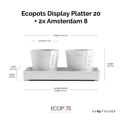 Kukkaruukku Amsterdam 8cm 2kpl & esillepanotarjotin 20cm valkoinen – mittapiirros