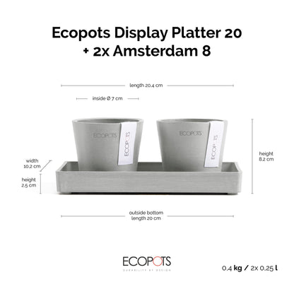 Kukkaruukku Amsterdam 8cm 2kpl & esillepanotarjotin 20cm valkoharmaa – mittapiirros