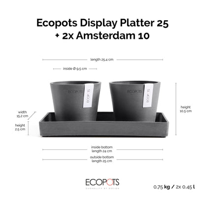 Kukkaruukku Amsterdam 10,5cm 2kpl & esillepanotarjotin 25cm harmaa – mittapiirros