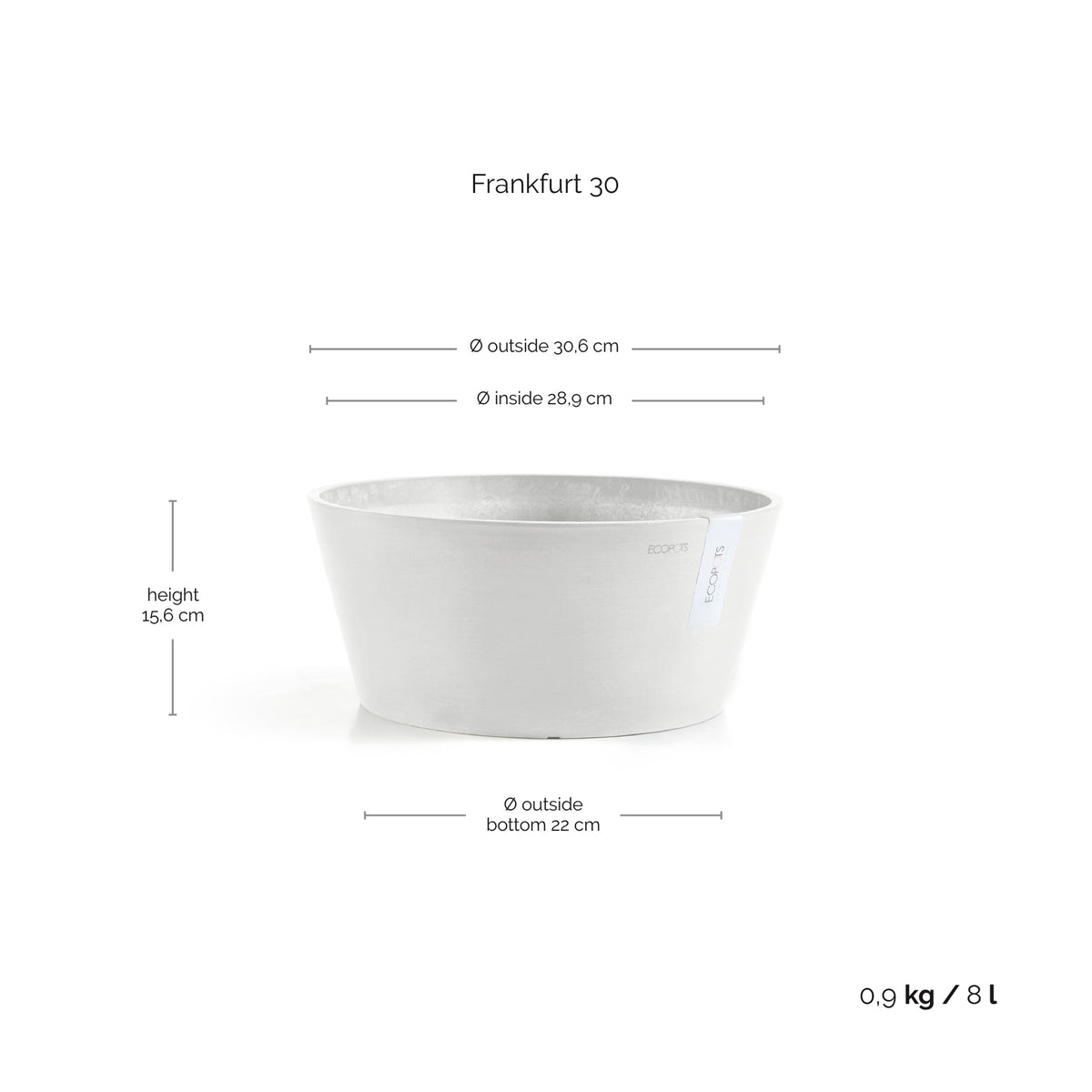 Kukkaruukku Frankfurt 30cm valkoinen – mittapiirros