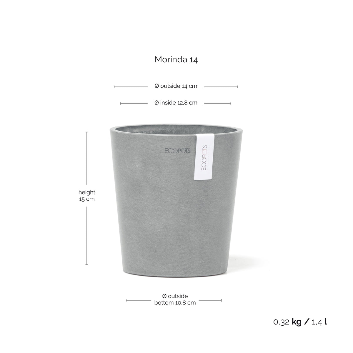 Kukkaruukku Morinda 14cm siniharmaa – mittapiirros