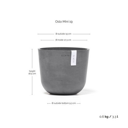 Kukkaruukku Oslo 19cm harmaa – mittapiirros