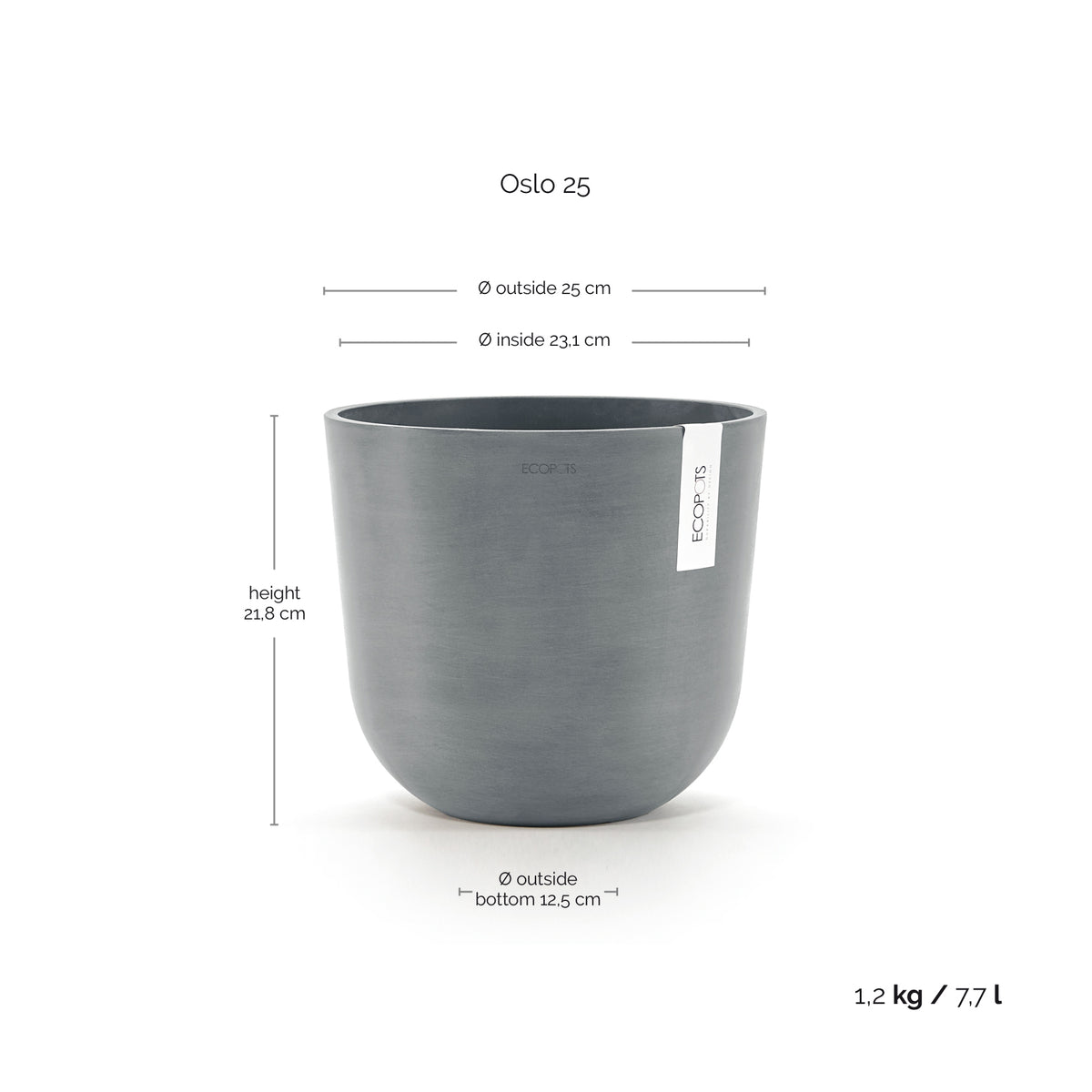 Kukkaruukku Oslo 25cm siniharmaa – mittapiirros