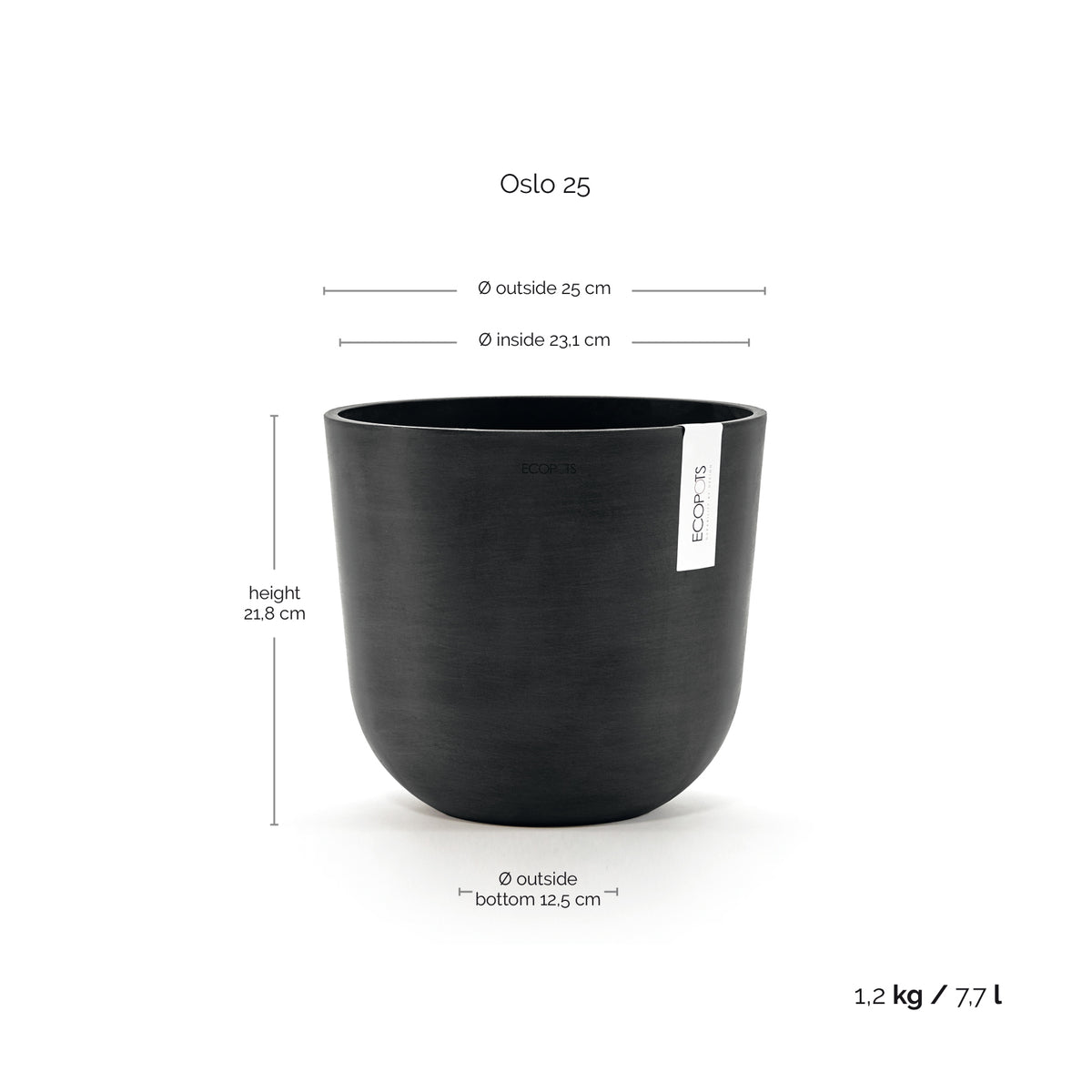 Kukkaruukku Oslo 25cm tummanharmaa – mittapiirros