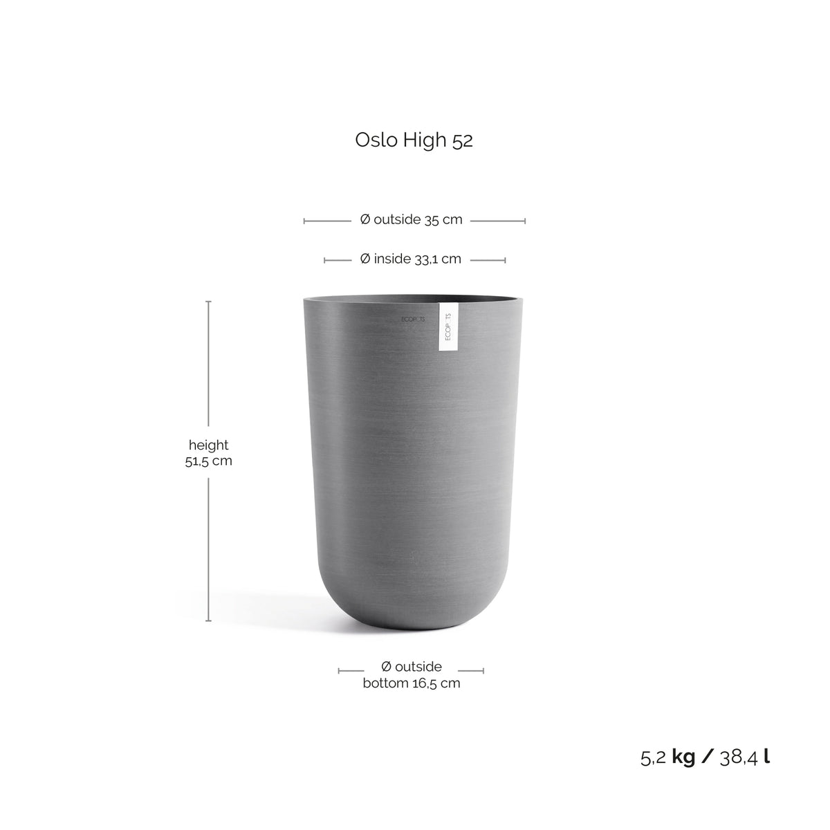 Kukkaruukku Oslo korkea 52cm harmaa – mittapiirros