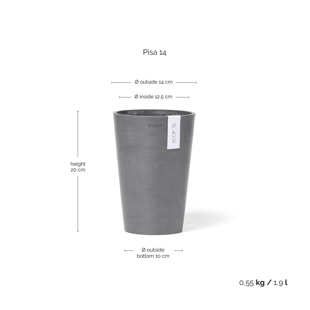 Kukkaruukku  Pisa 14cm harmaa – mittapiirros