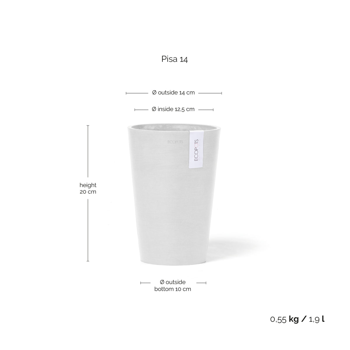 Kukkaruukku Pisa 14cm valkoinen – mittapiirros