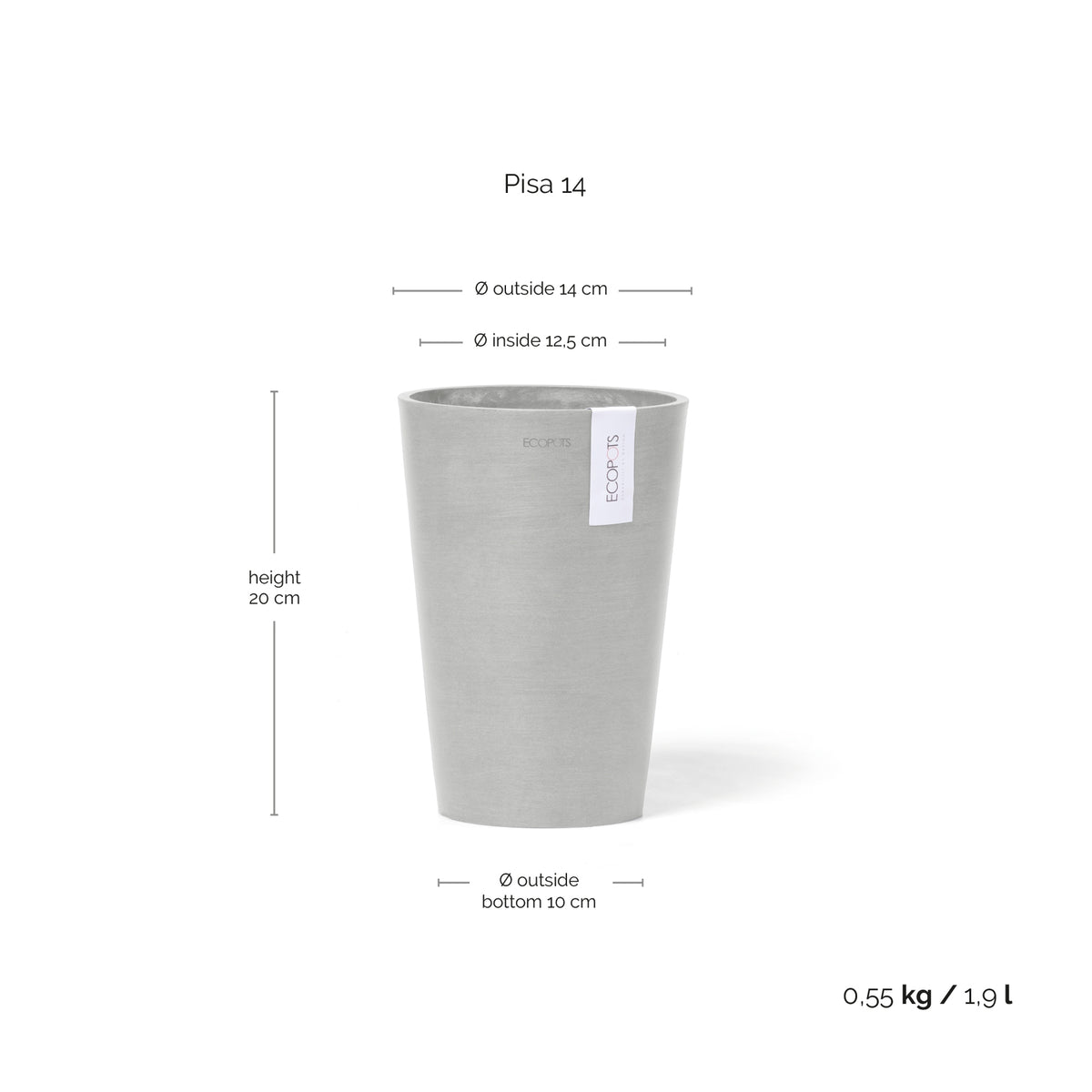 Kukkaruukku Pisa 14cm valkoharmaa – mittapiirros