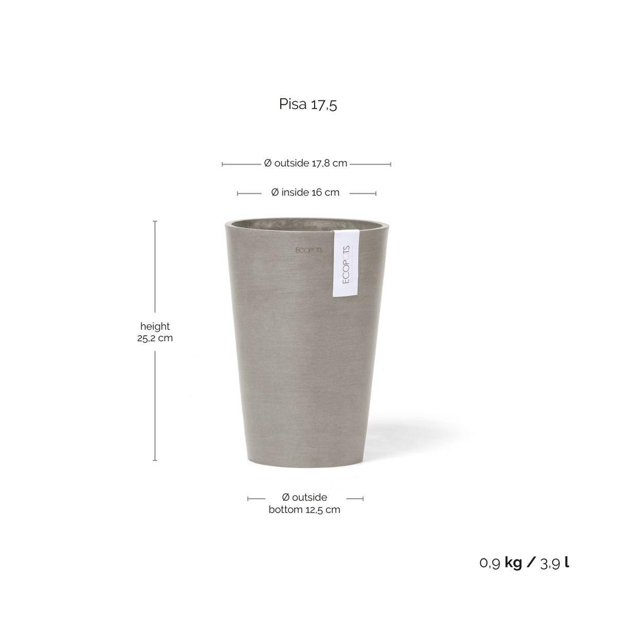 Kukkaruukku Pisa 17,5cm taupe – mittapiirros