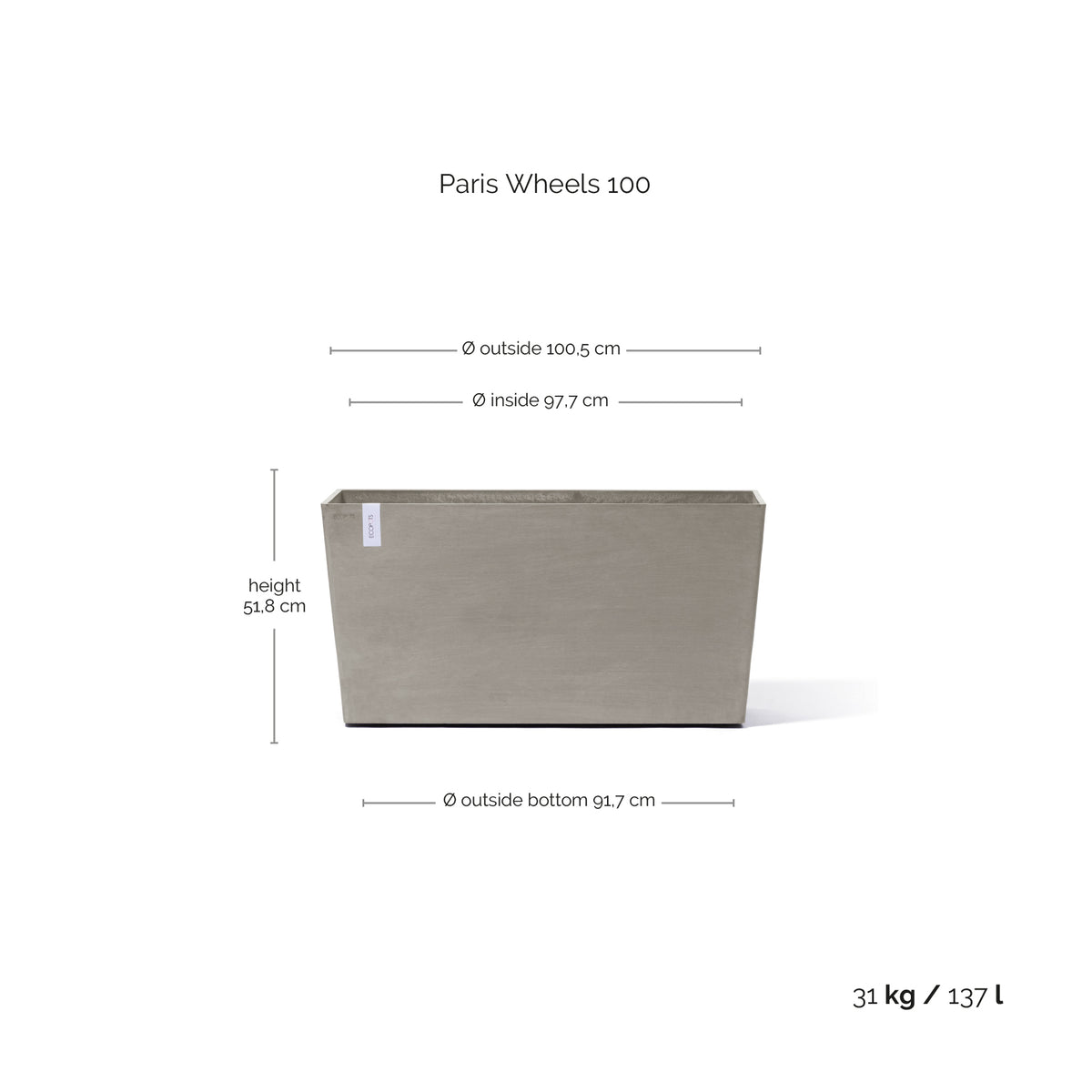 Kukkaruukku Pariisi pyörillä 100cm taupe – mittapiirros
