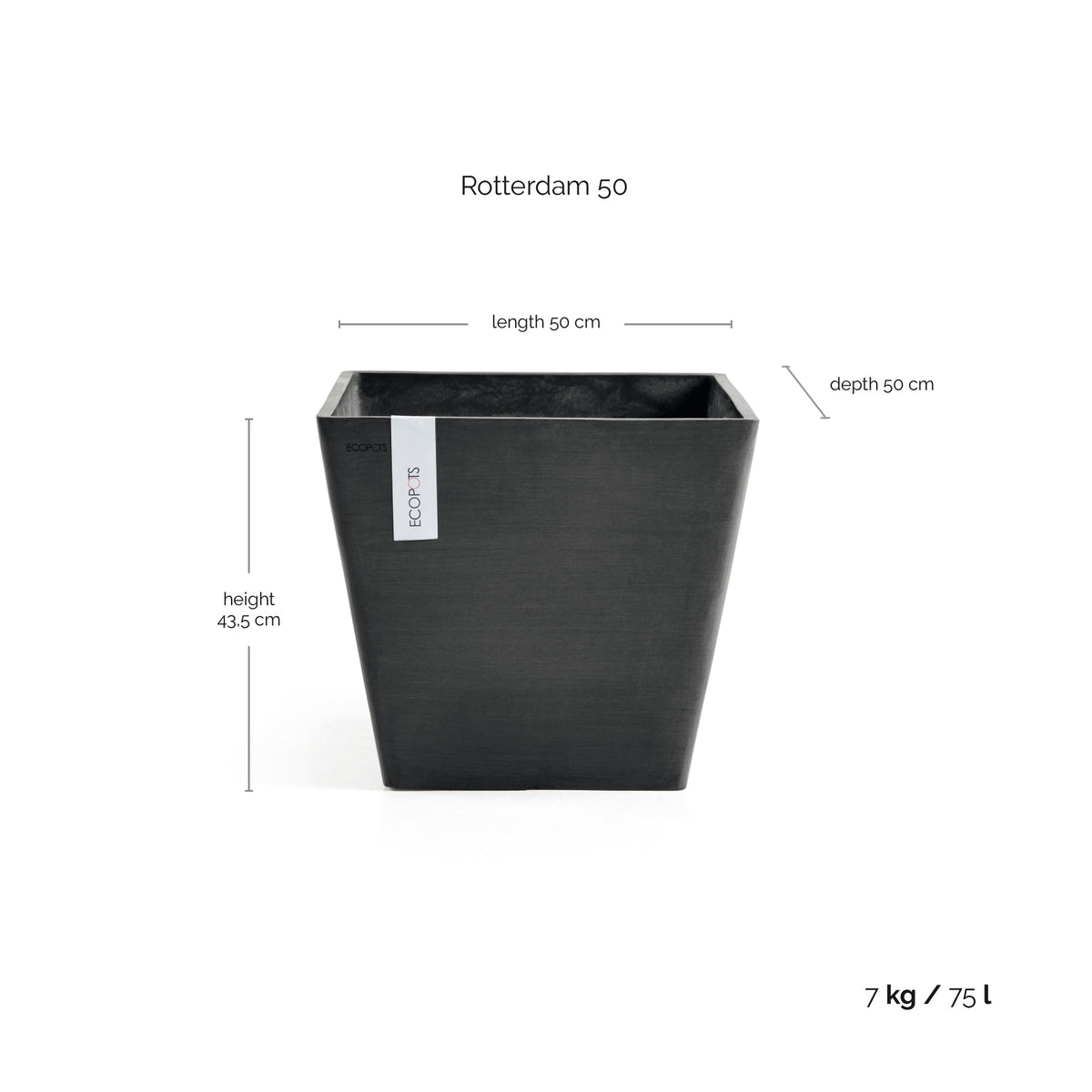 Kukkaruukku Rotterdam 50cm tummanharmaa – mittapiirros