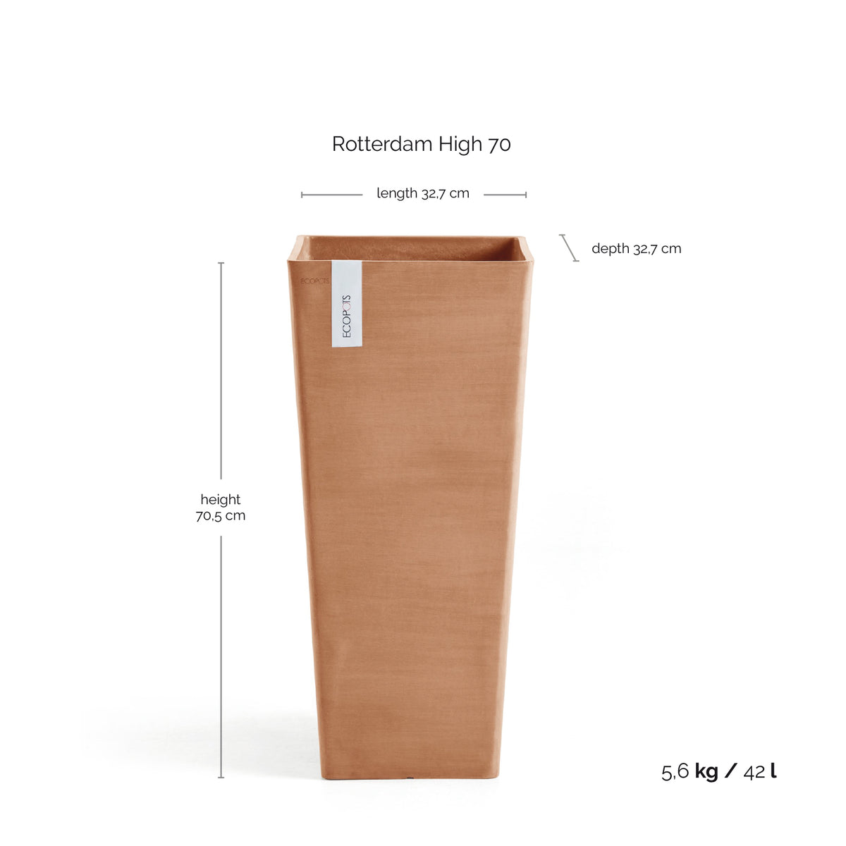 Kukkaruukku Rotterdam korkea 70cm terracotta – mittapiirros