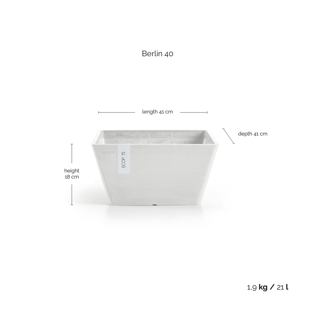 Kukkaruukku Berliini 40cm valkoinen – mittapiirros