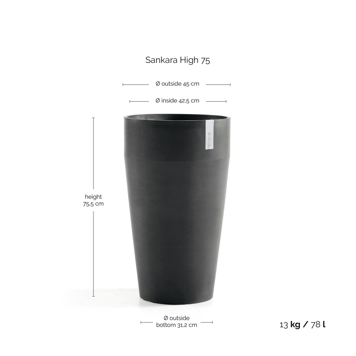 Kukkaruukku Sankara korkea 75cm tummanharmaa – mittapiirros