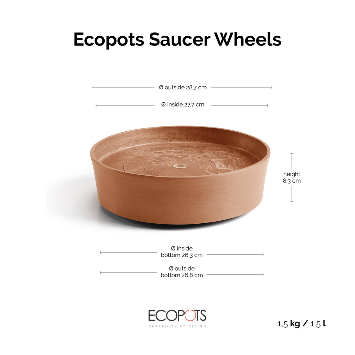 Aluslautanen Amsterdam pyörillä 30cm terracotta – mittapiirros