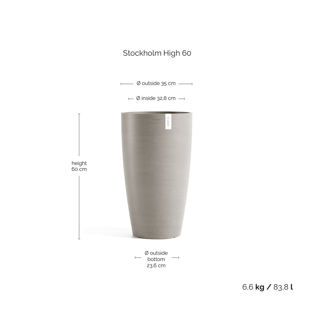 Kukkaruukku Tukholma korkea 60cm taupe – mittapiirros