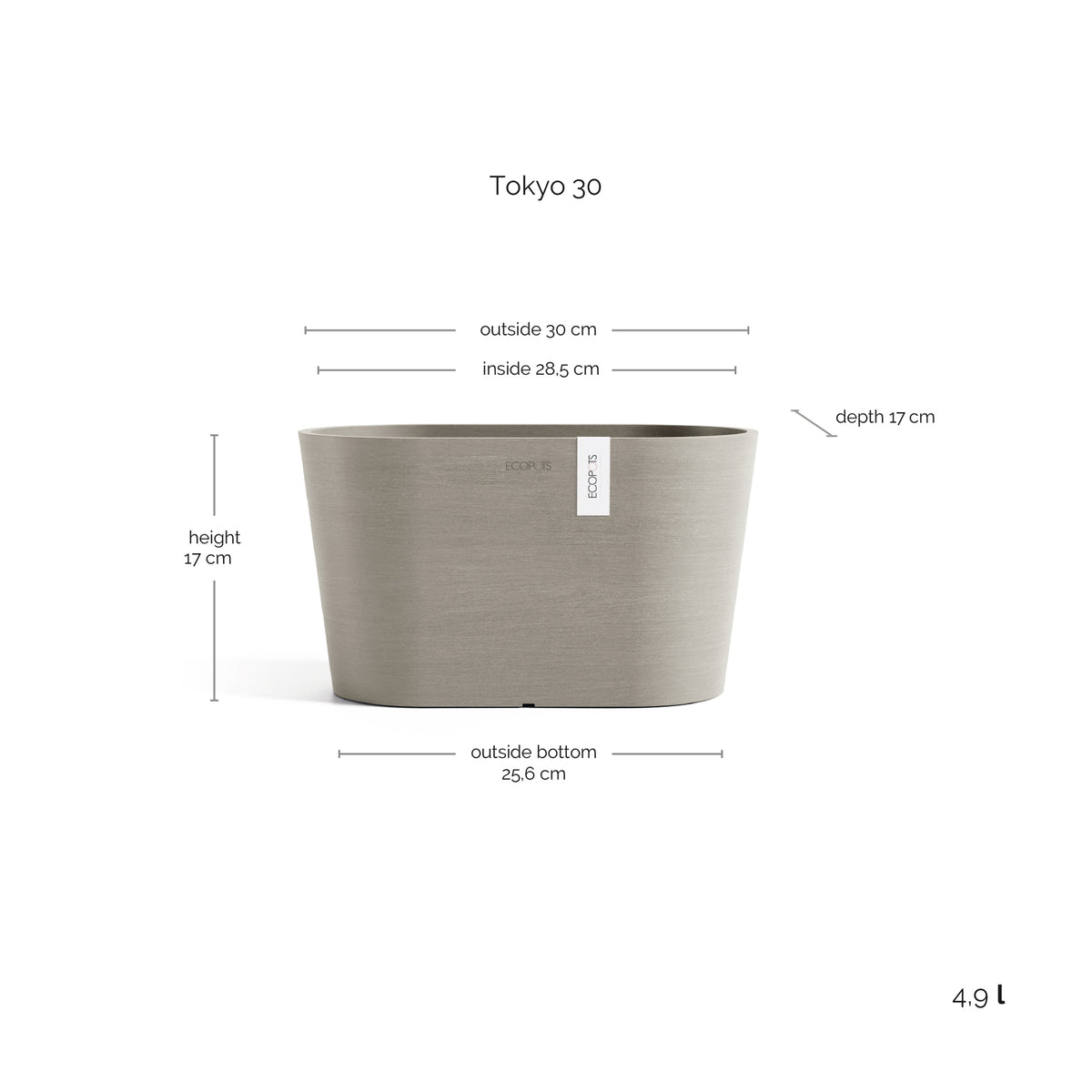 Kukkaruukku Tokio 30cm taupe – mittapiirros