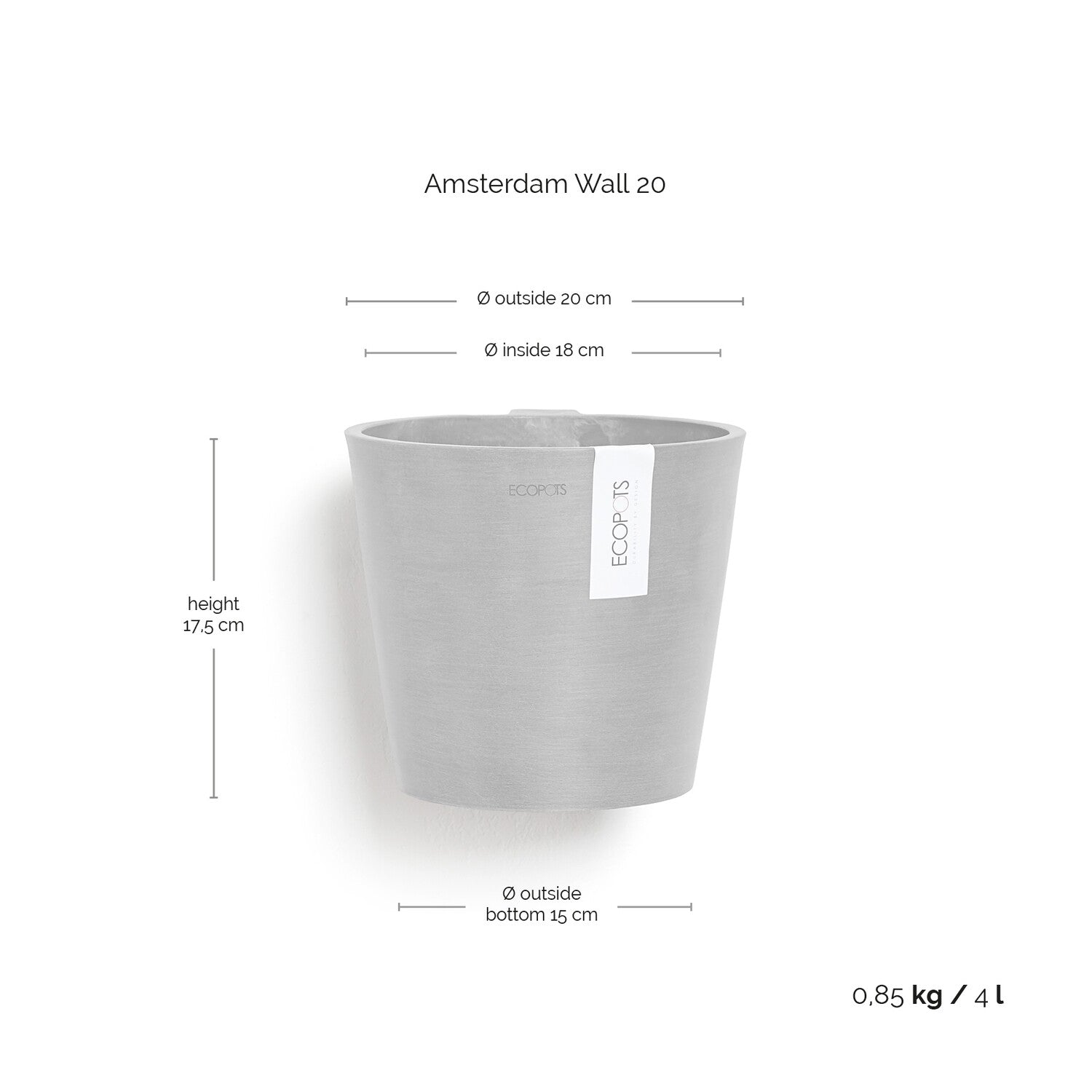 Kukkaruukku - Ecopots - Amsterdam 20cm seinäruukku harmaa - Ecopotskauppa - Uuden aikakauden kukkaruukku