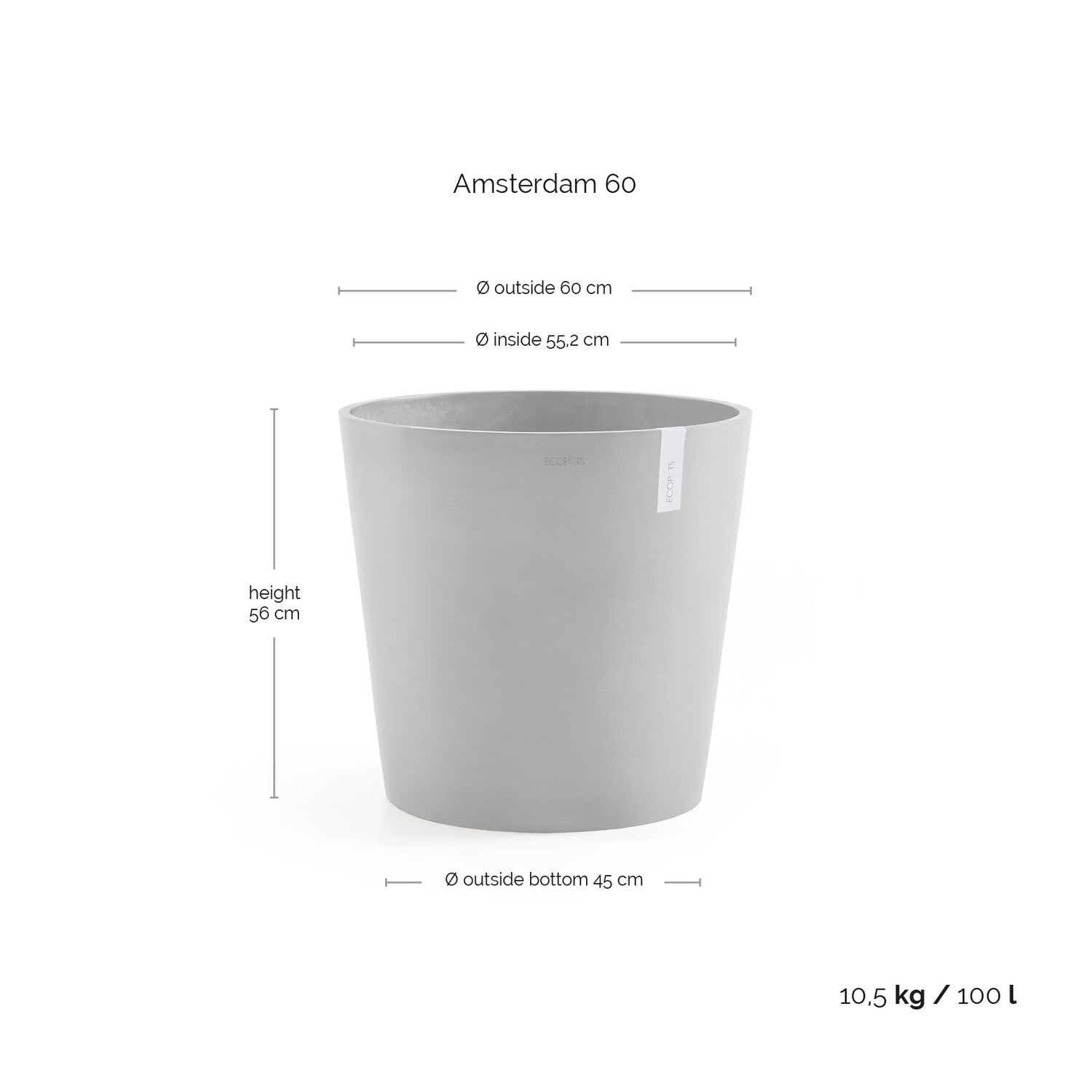 Kukkaruukku - Ecopots - Amsterdam 60cm harmaa - Ecopotskauppa - Uuden aikakauden kukkaruukku