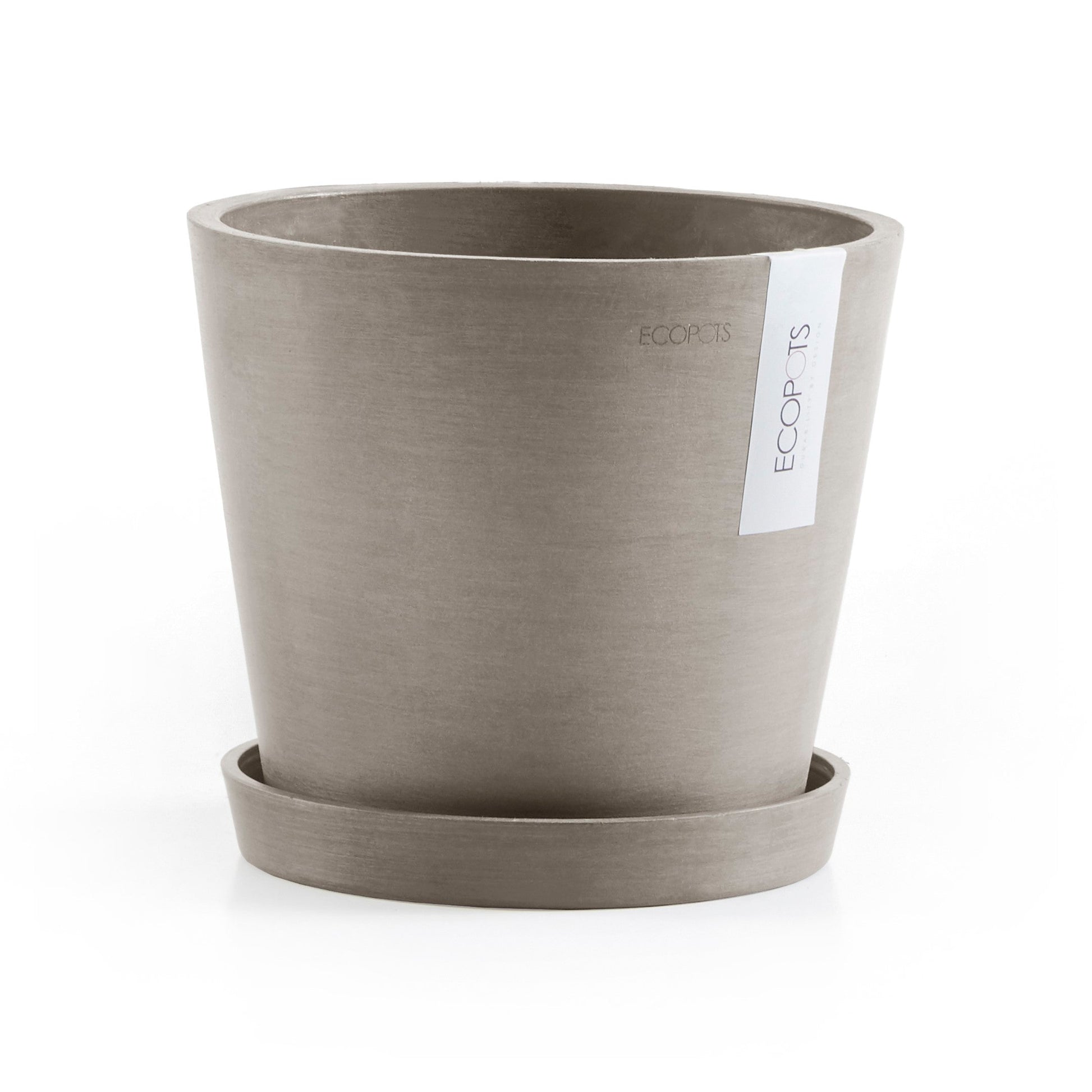 Kukkaruukku - Ecopots - Amsterdam aluslautanen 20cm taupe - Ecopotskauppa - Uuden aikakauden kukkaruukku