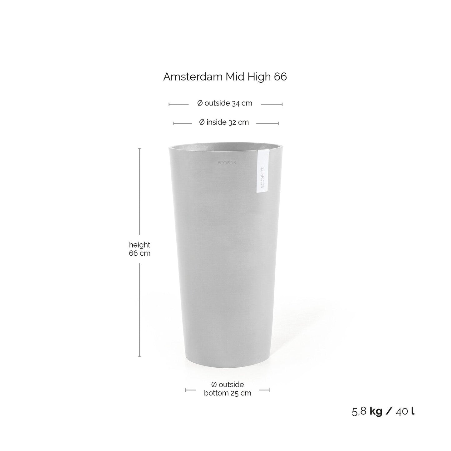 Kukkaruukku - Ecopots - Amsterdam keskikorkea 66cm harmaa - Ecopotskauppa - Uuden aikakauden kukkaruukku