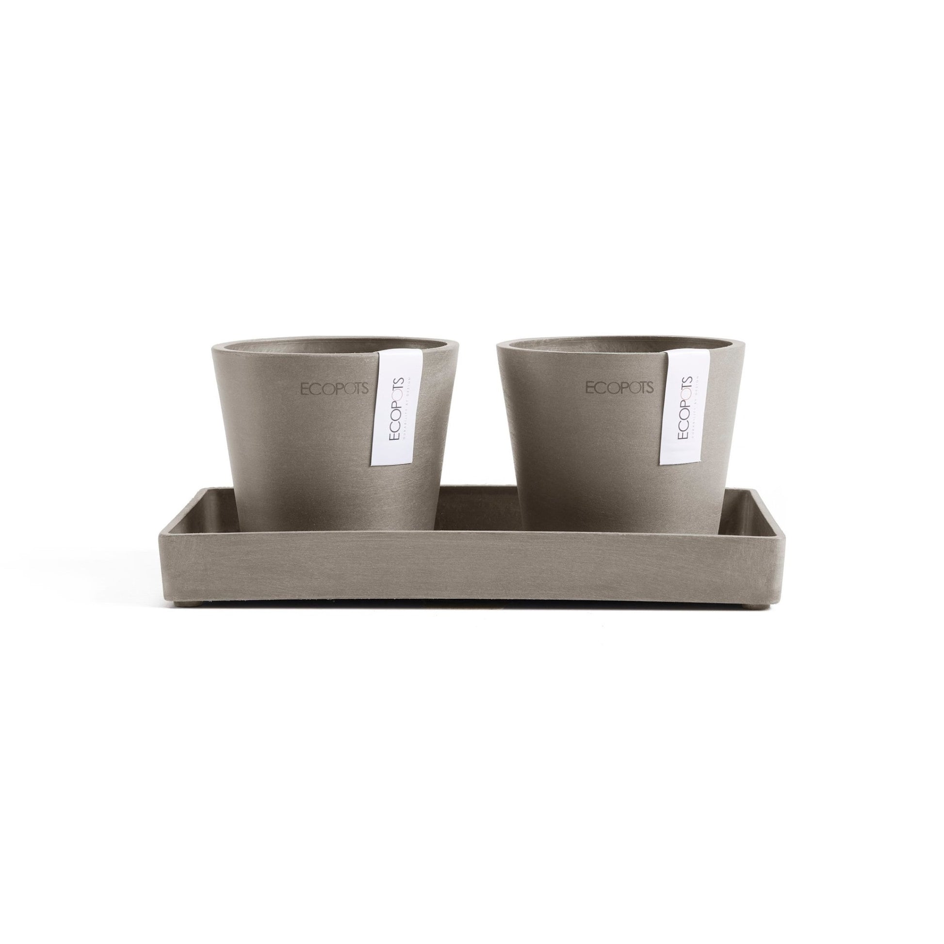 Kukkaruukku - Ecopots - Kukkaruukku Amsterdam 10,5cm 2kpl & esillepanotarjotin 25cm taupe - Ecopots - Uuden aikakauden kukkaruukku kierrätysmateriaalista