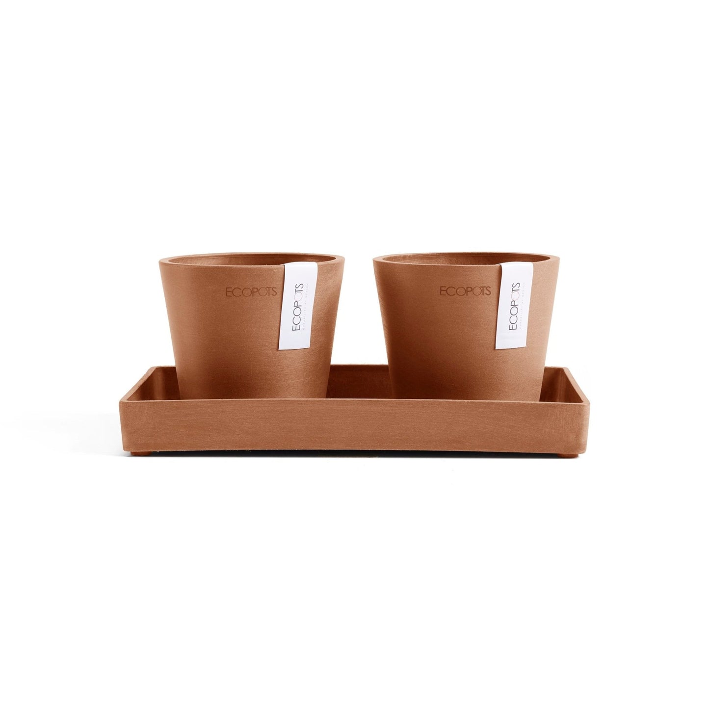 Kukkaruukku - Ecopots - Kukkaruukku Amsterdam 10,5cm 2kpl & esillepanotarjotin 25cm terracotta - Ecopots - Uuden aikakauden kukkaruukku kierrätysmateriaalista