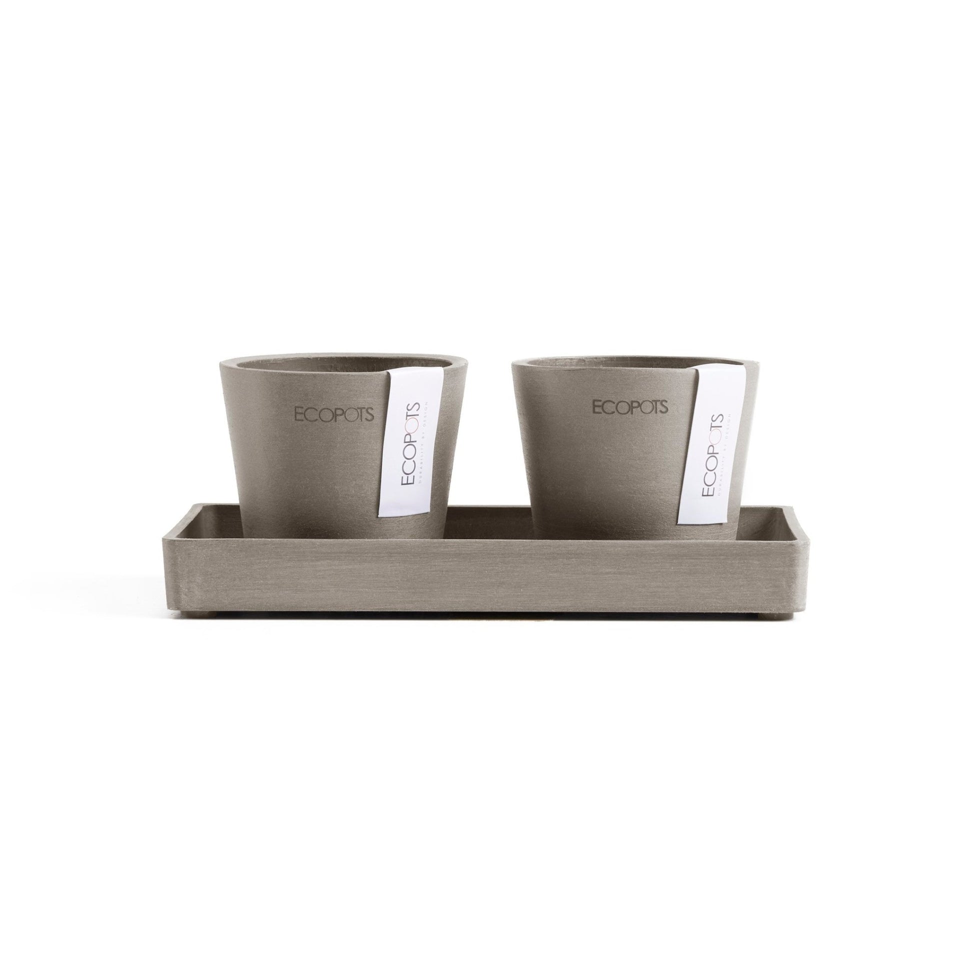 Kukkaruukku - Ecopots - Kukkaruukku Amsterdam 8cm 2kpl & esillepanotarjotin 20cm taupe - Ecopots - Uuden aikakauden kukkaruukku kierrätysmateriaalista