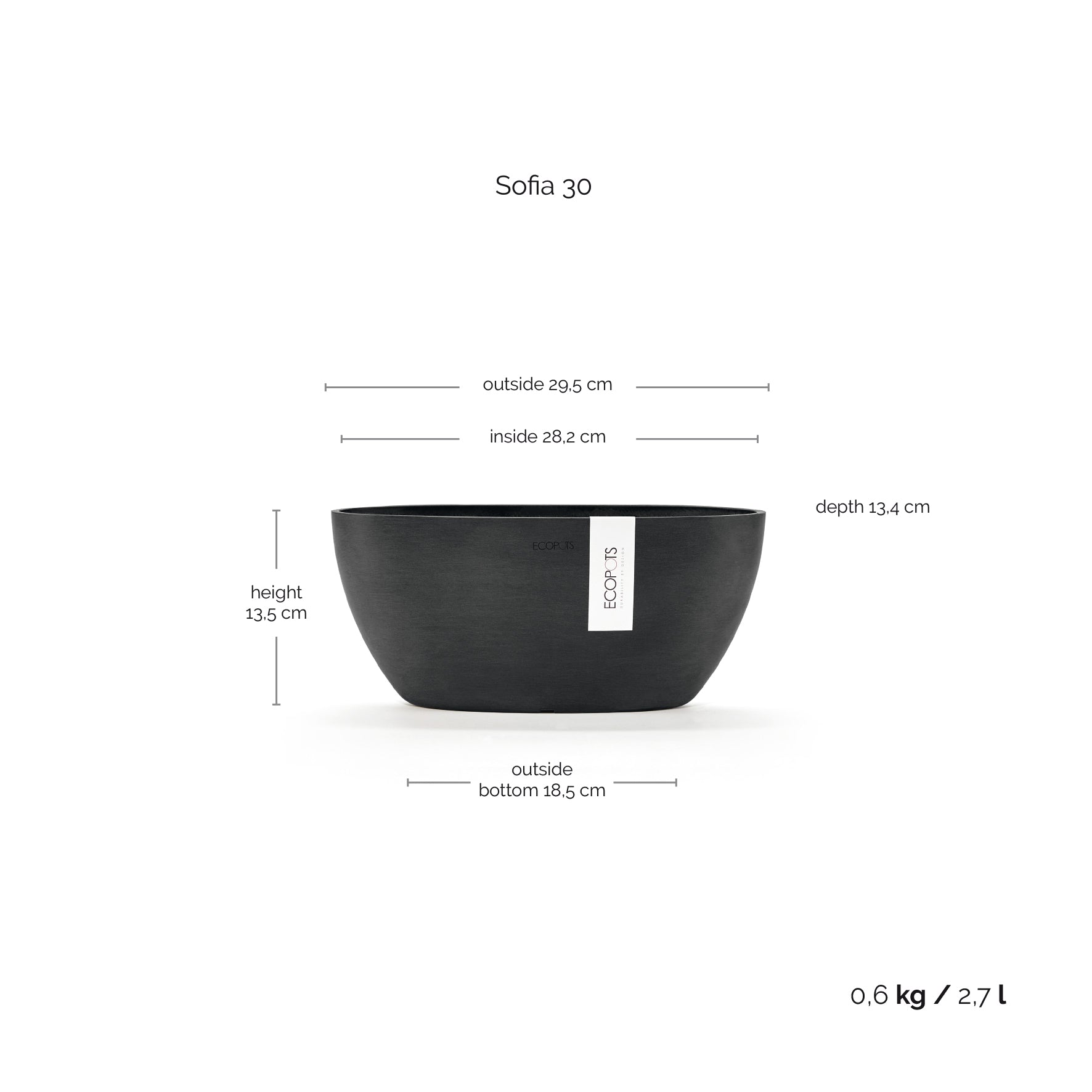 Kukkaruukku - Ecopots - Kukkaruukku Sofia 30cm tummanharmaa - Ecopots - Uuden aikakauden kukkaruukku kierrätysmateriaalista