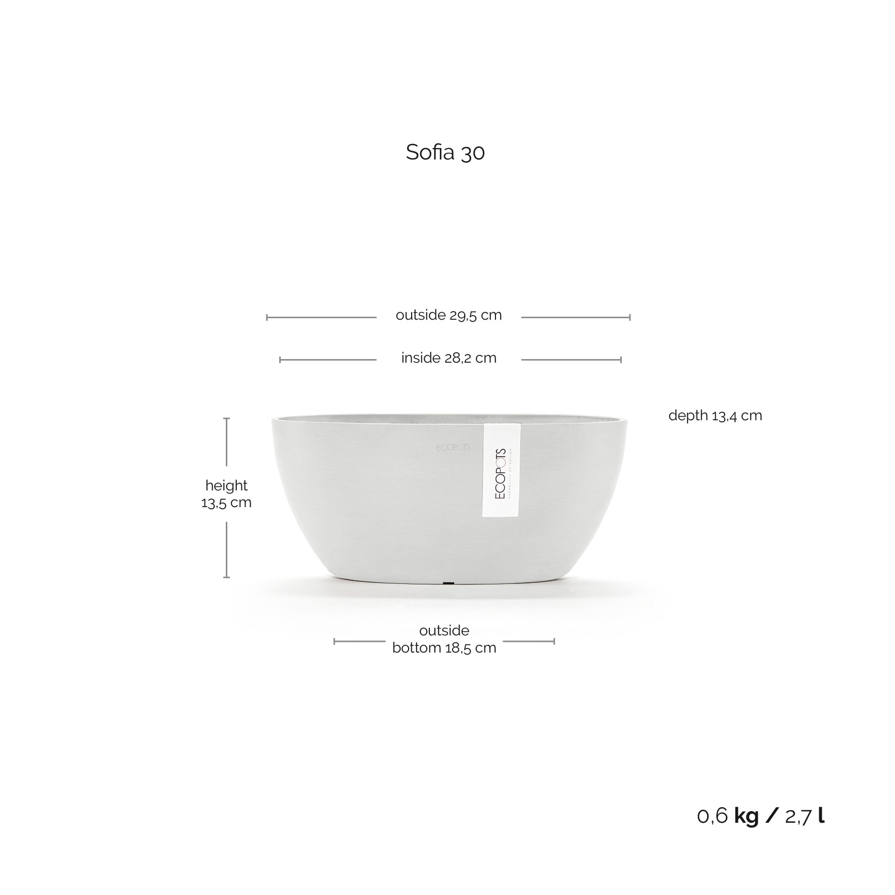 Kukkaruukku - Ecopots - Kukkaruukku Sofia 30cm valkoinen - Ecopots - Uuden aikakauden kukkaruukku kierrätysmateriaalista