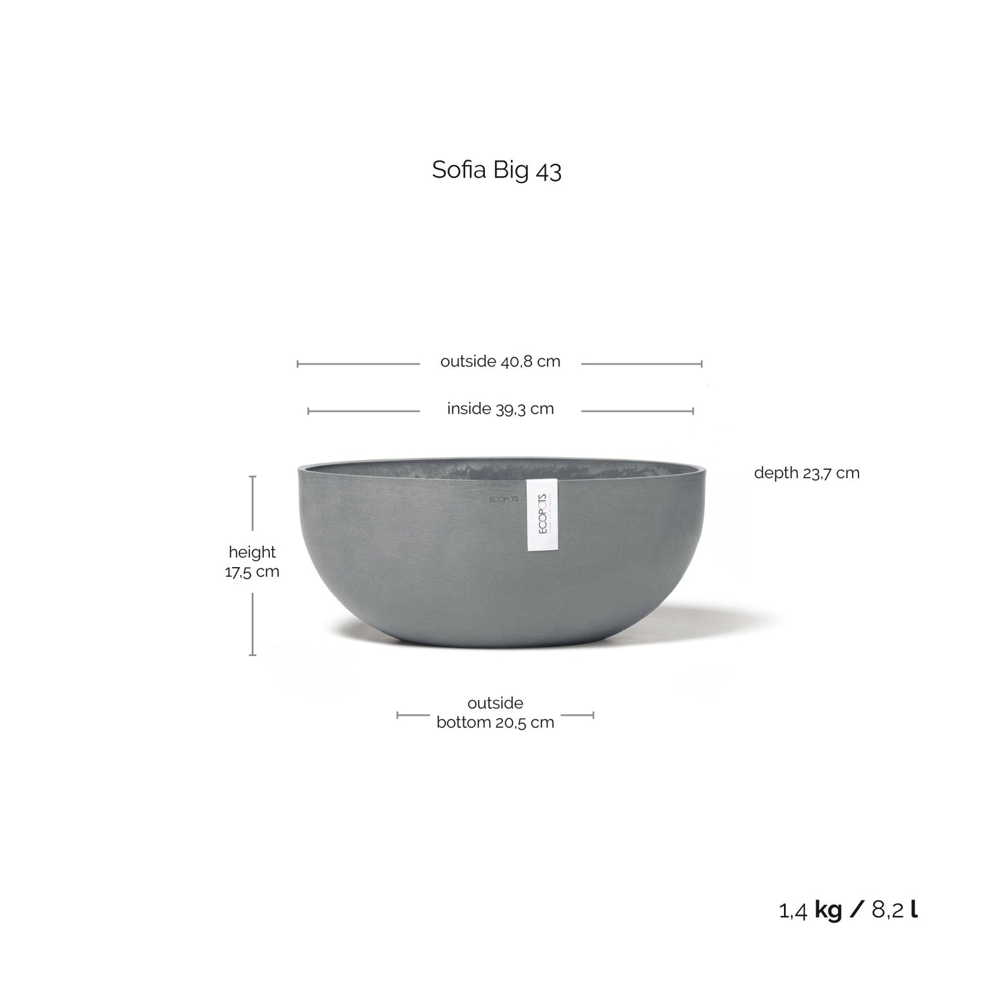 Kukkaruukku - Ecopots - Kukkaruukku Sofia 43cm siniharmaa - Ecopots - Uuden aikakauden kukkaruukku kierrätysmateriaalista